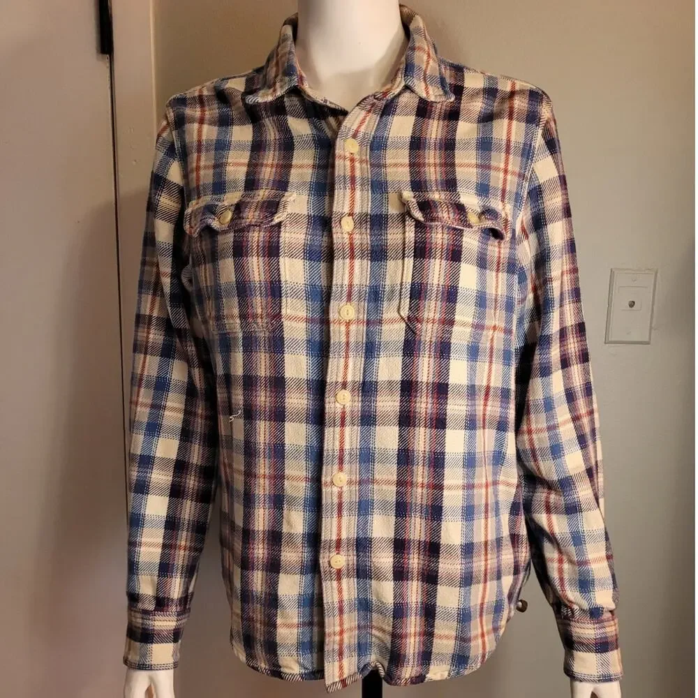 American Eagle Womens Plaid Flannel Shirt Medium Blue Red Cotton Gorpcore Fall - Picture 2 of 10